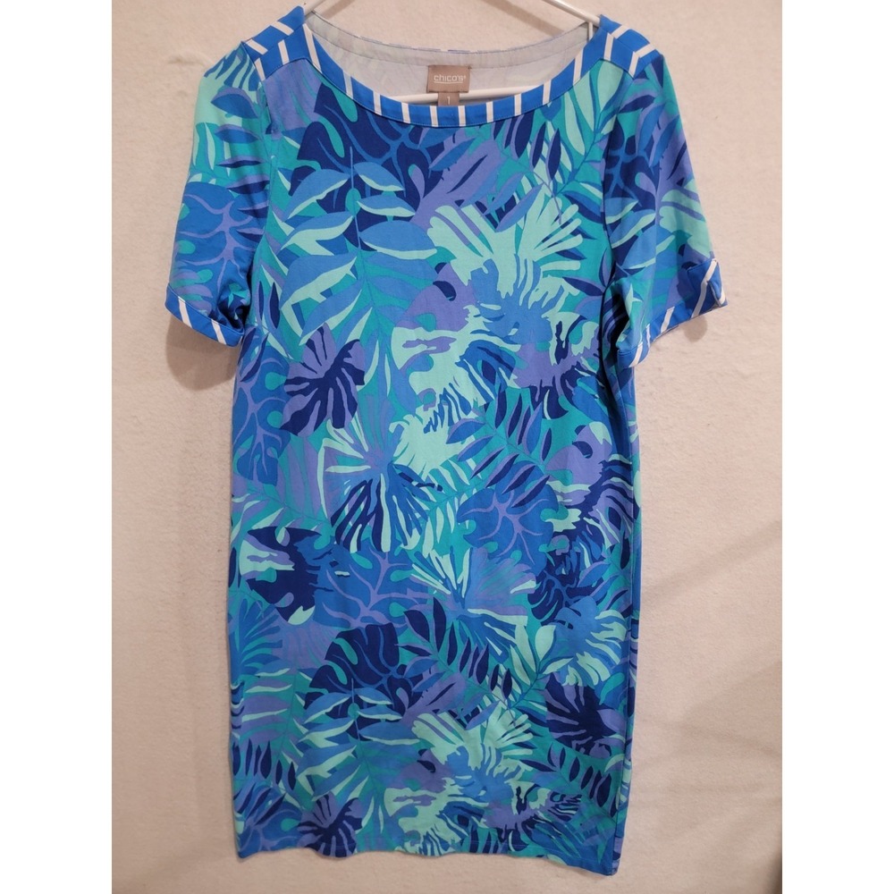 Chico's Blue Teal Palm Leaf Shift Dress Striped Trim Cotton Stretch Size‎ 1 M